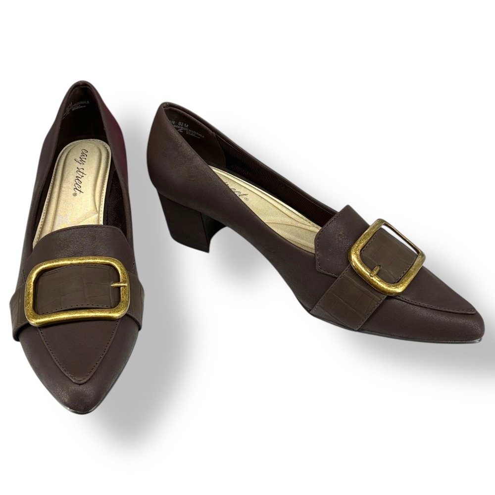 Easy Street Aster Brown Croco Buckle Pumps Comfort Block‎ Heel 8.5M